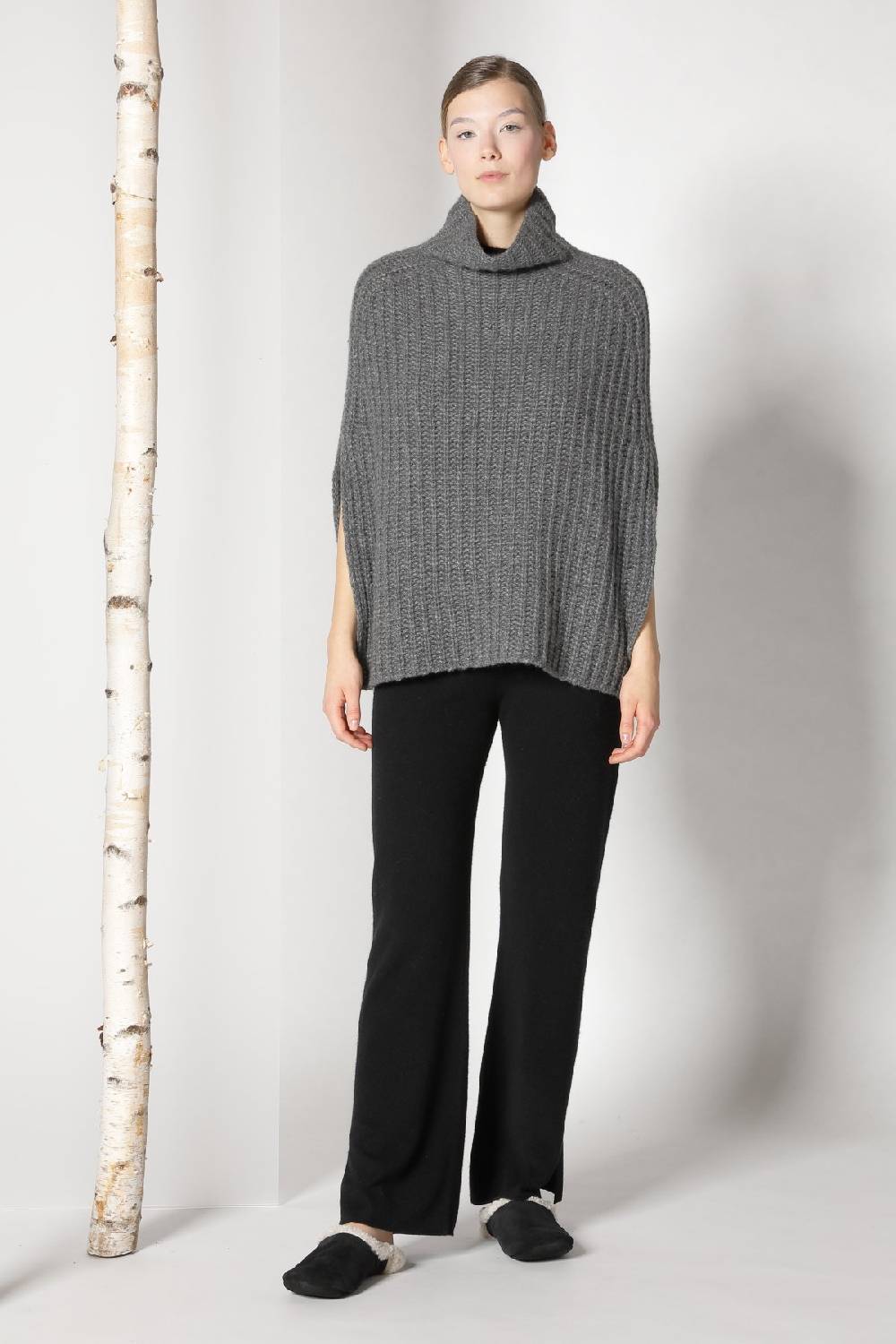 Sminfinity fluffy ribbed turtleneck cape + pure slitted pants