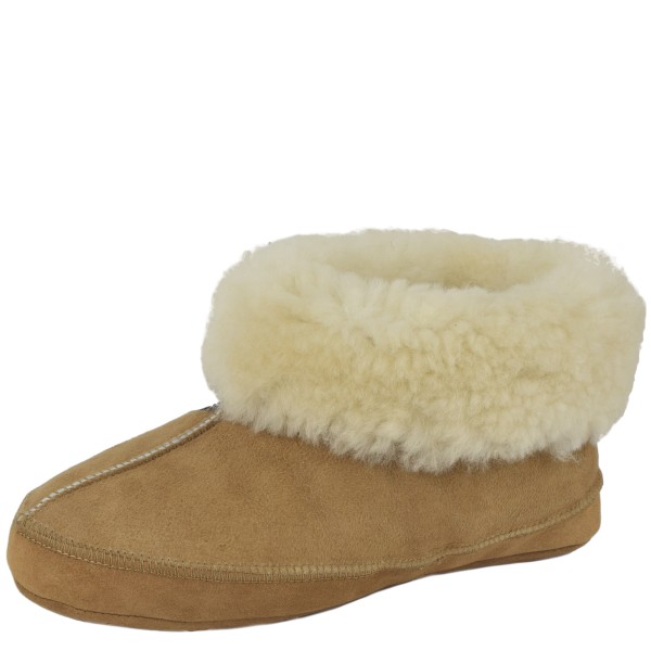 Sonia Originelli Beige Hüttenhausschuh Lammfell Schaffell Leder XXL Fellkranz im Angebot