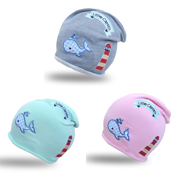 Sonia Originelli Beanie Mütze Kind Patch Aufnäher Leuchtturm maritim Wal trend Baumwolle Outlet
