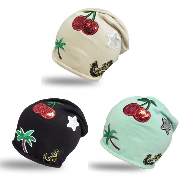 Sonia Originelli Beanie Mütze Patch Aufnäher Kirsche Anker Palme trend Baumwolle Auslauf
