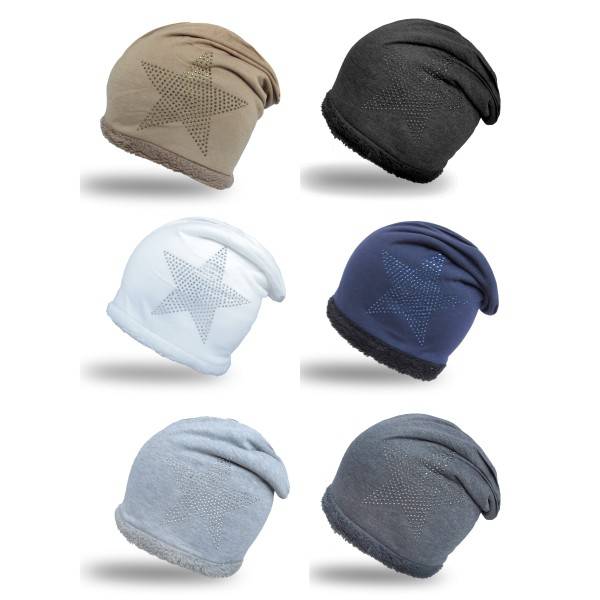 Sonia Originelli Fleece Beanie Strass-Stern Steinchen mit weichem Teddyfell gefüttert im Angebot
