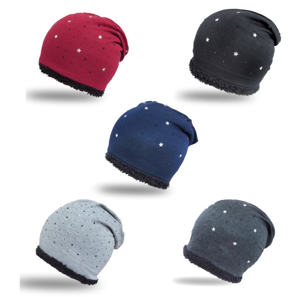 Sonia Originelli Winter Beanie Mütze "Strass Sternchen" Teddyfell Futter Fabrikverkauf