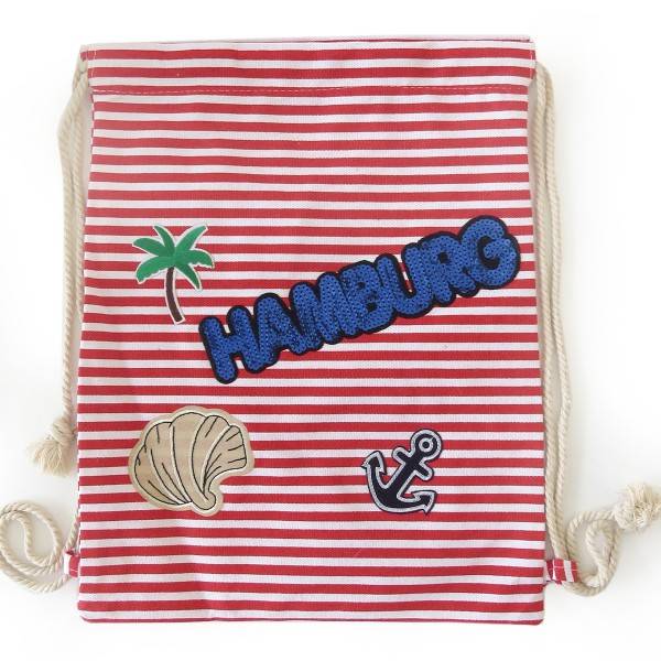 Sonia Originelli Turnbeutel Patches Aufnäher Gymbag gestreift "Hamburg" Fabrik Onlineshop