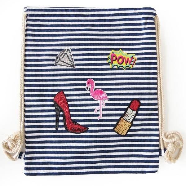Sonia Originelli Turnbeutel Patches Aufnäher Gymbag gestreift Flamingo Baumwolle Günstig kaufen