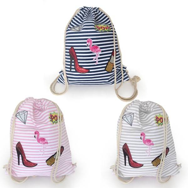 Sonia Originelli Turnbeutel Patches Aufnäher Gymbag gestreift Flamingo Baumwolle Günstig kaufen