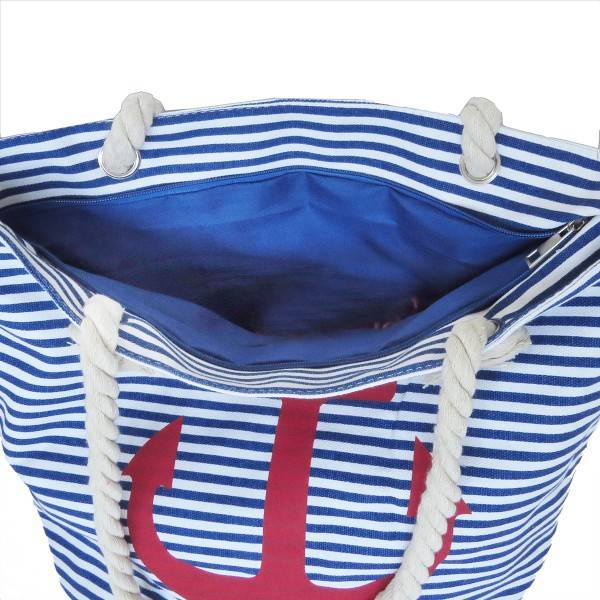 Sonia Originelli Strandtasche maritim gestreift mit Ankerprint Seilkordel Reißverschluss Neueste Mode
