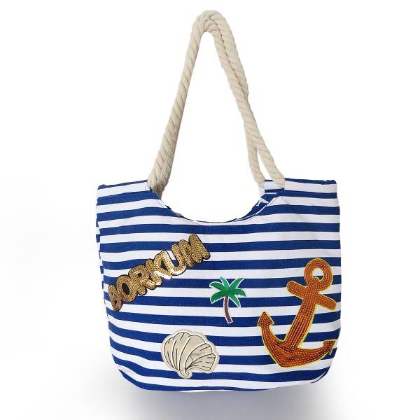 Sonia Originelli Strandtasche maritim gestreift mit Patch Aufnähern "Borkum" Online Outlet