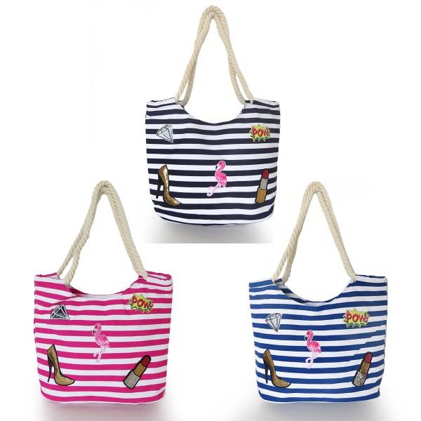Sonia Originelli Strandtasche maritim gestreift mit Patch Aufnähern Flamingo Große Rabatte